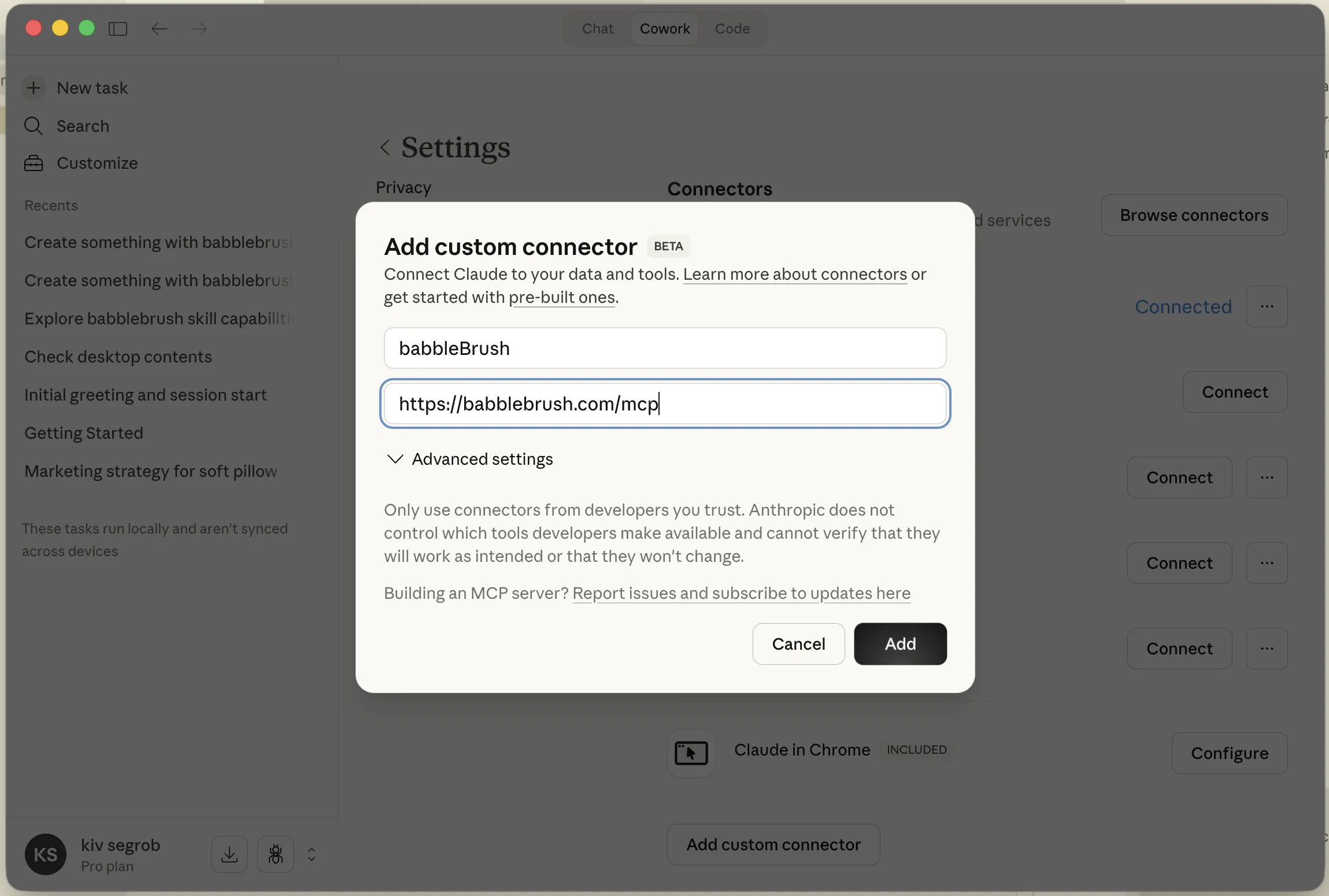 Claude settings showing the Add Connector button