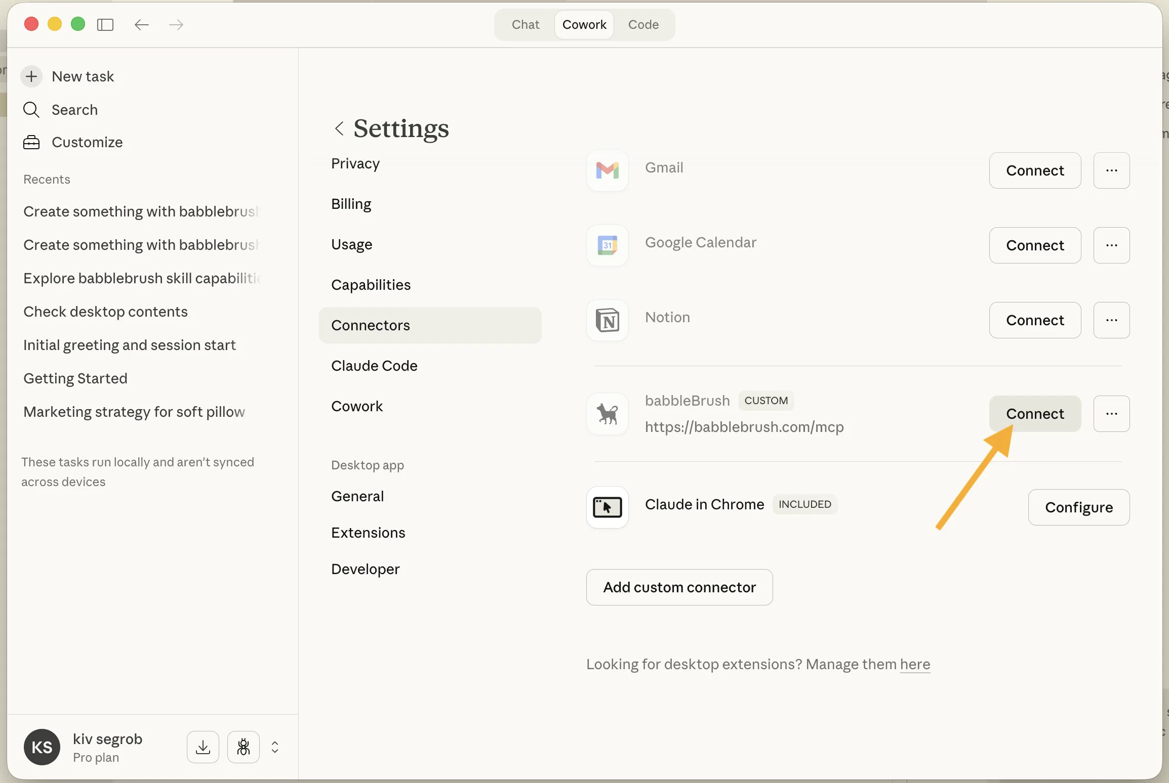 Claude connector configuration with the babbleBrush MCP URL